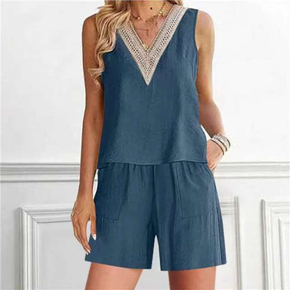 Conjunto informal de 2 piezas de top y pantalones cortos sin mangas con cuello en V de lino y algodón para mujer
