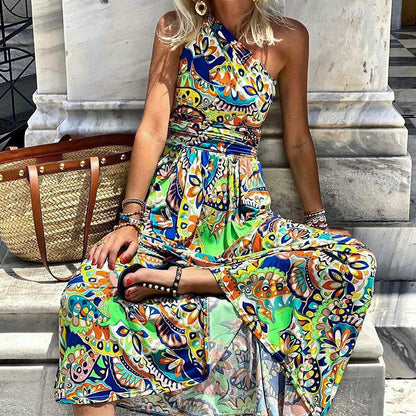 Women'S Fashion Vintage Boho One-Shoulder Sleeveless Loose Casual Floral Printed Maxi Dress