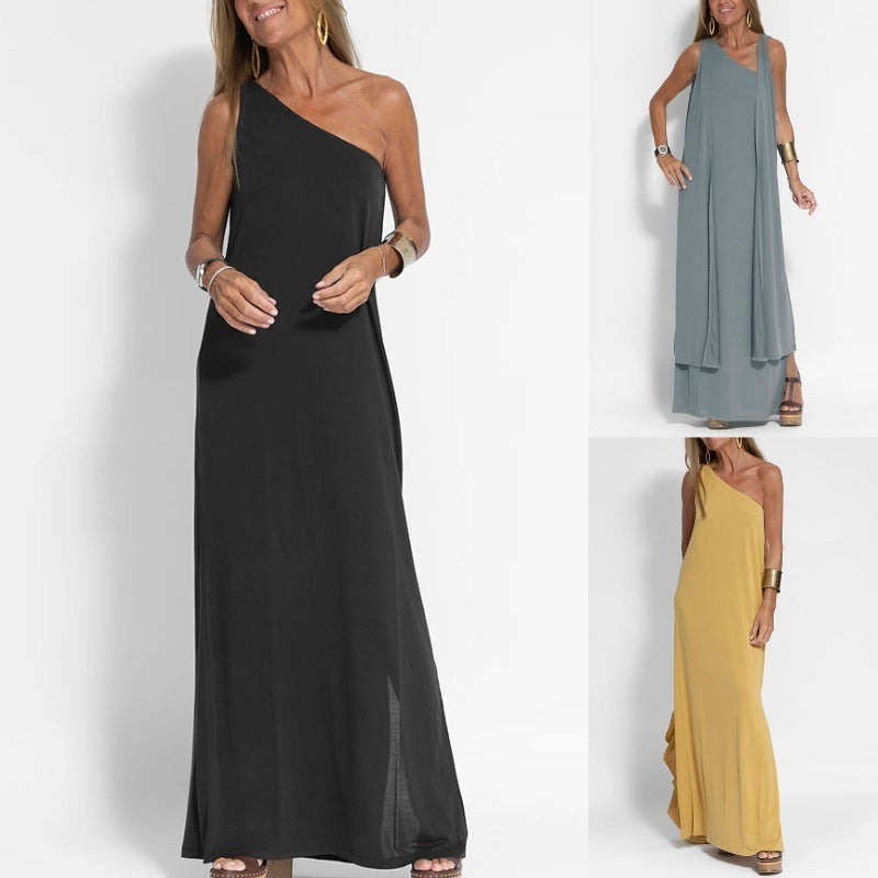 Summer Women Casual Slip-Shoulder Slip Solid Color Maxi Dress