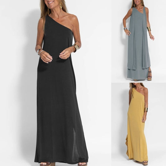 Summer Women Casual Slip-Shoulder Slip Solid Color Maxi Dress
