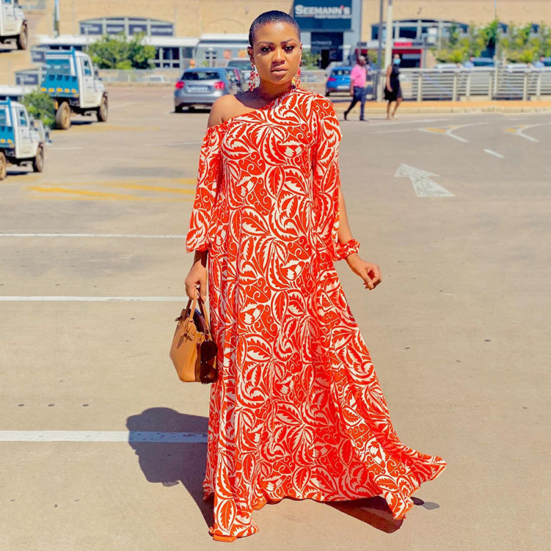 Summer Women Fashion Casual Oblique Shoulder Geometric Print Loose Maxi Dress