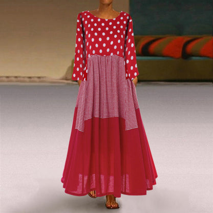 Plus Size Women Elegant Casual Round Neck Polka Dot Long Sleeves Color Blocking Patchwork Dress