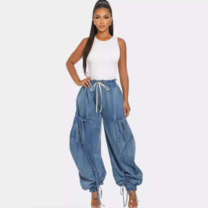 Women Fashion Casual Bow Drawstring Lace Denim Jogger Pants