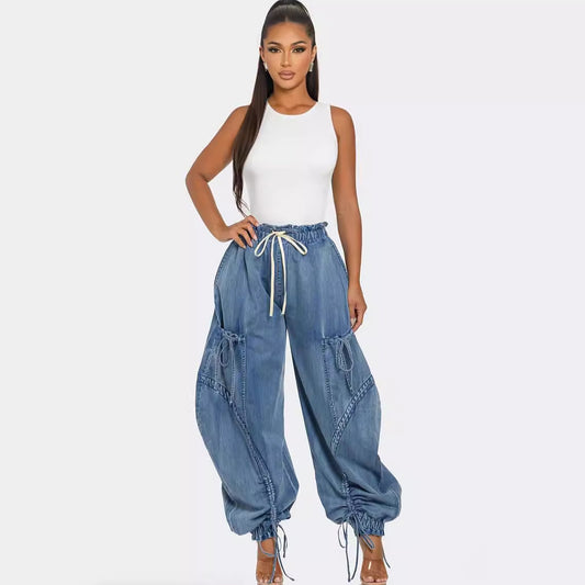 Women Fashion Casual Bow Drawstring Lace Denim Jogger Pants