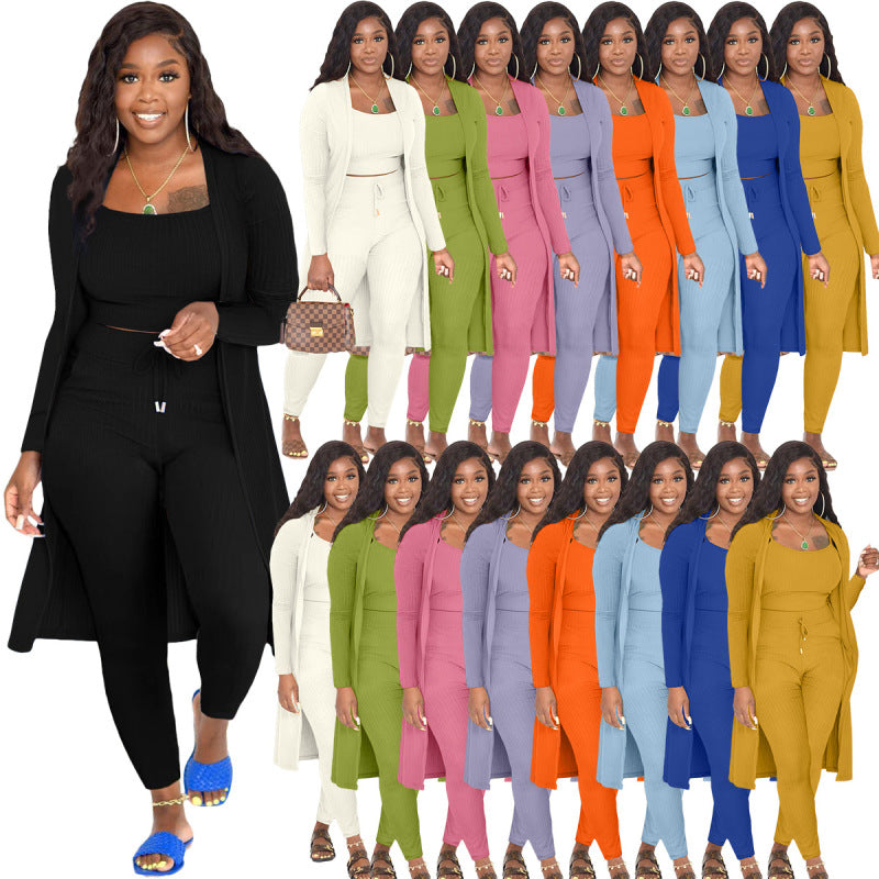 Fashion Women Casual Solid Color Rib-Knit Cardigan Camis And Skinny Pants Three Piece Set