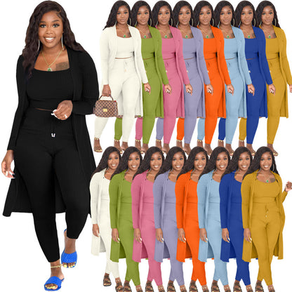 Fashion Women Casual Solid Color Rib-Knit Cardigan Camis And Skinny Pants Three Piece Set
