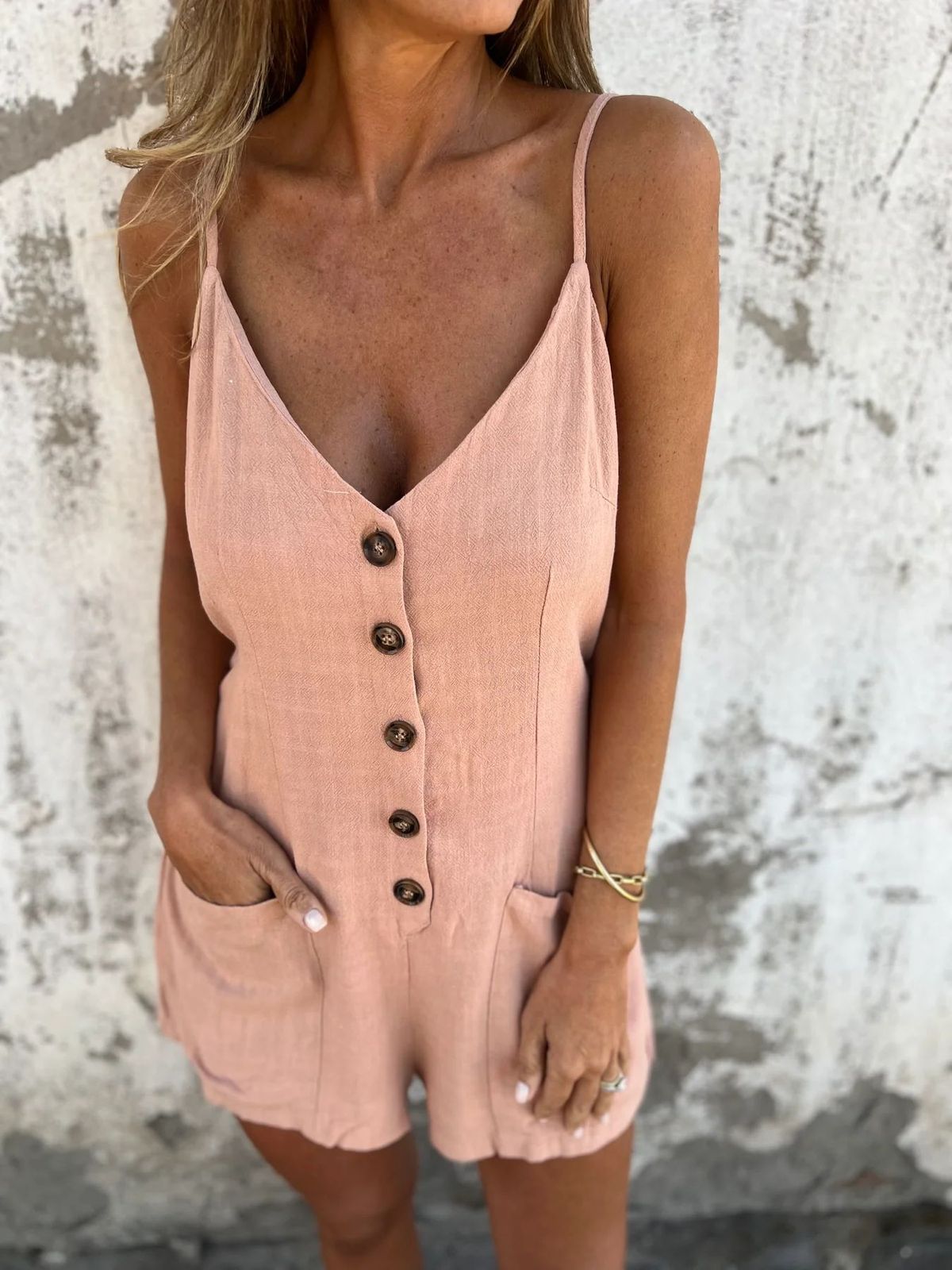 Women Fashion Casual Cotton Linen Solid Color V-Neck Spaghetti Strap Rompers