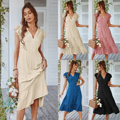 Women Casual Sexy style Solid Color V-Neck Ruffle Dresses