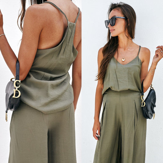 Conjunto informal de dos piezas para mujer: top con tirantes de color liso y pantalones anchos