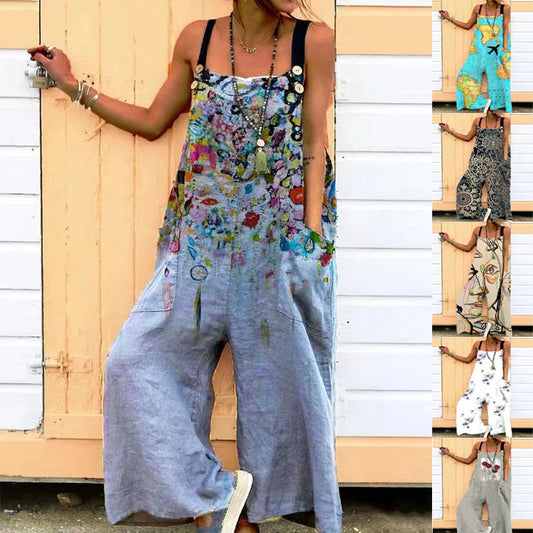 Women Casual Boho Vacation Floral Printed Loose Jumpsuits