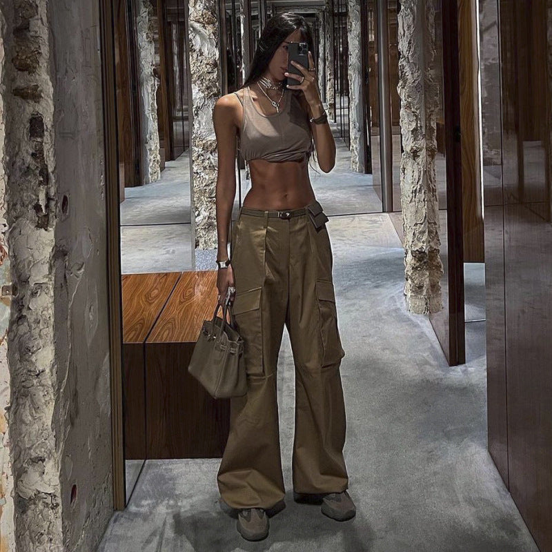 Women Fashion Casual Solid Color Loose Cargo Pants