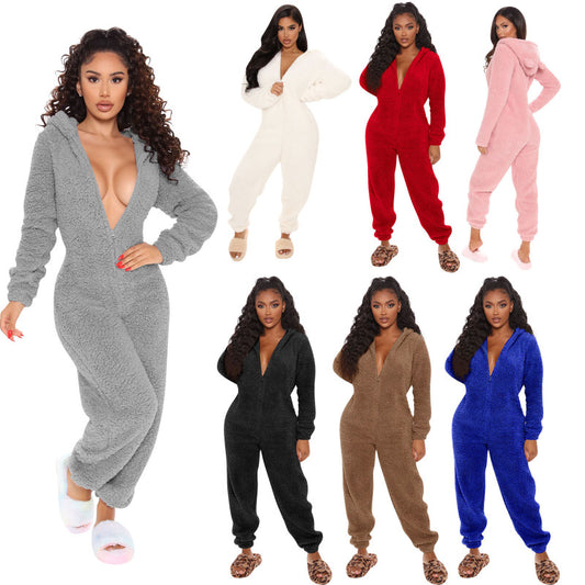 Women Long Sleeve Hooded Plush Casual Jumpsuits Pajamas