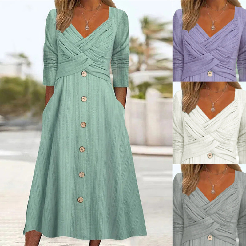Casual Fashion Women Solid Color V Neck Cross Design Buttoned Maxi Dress