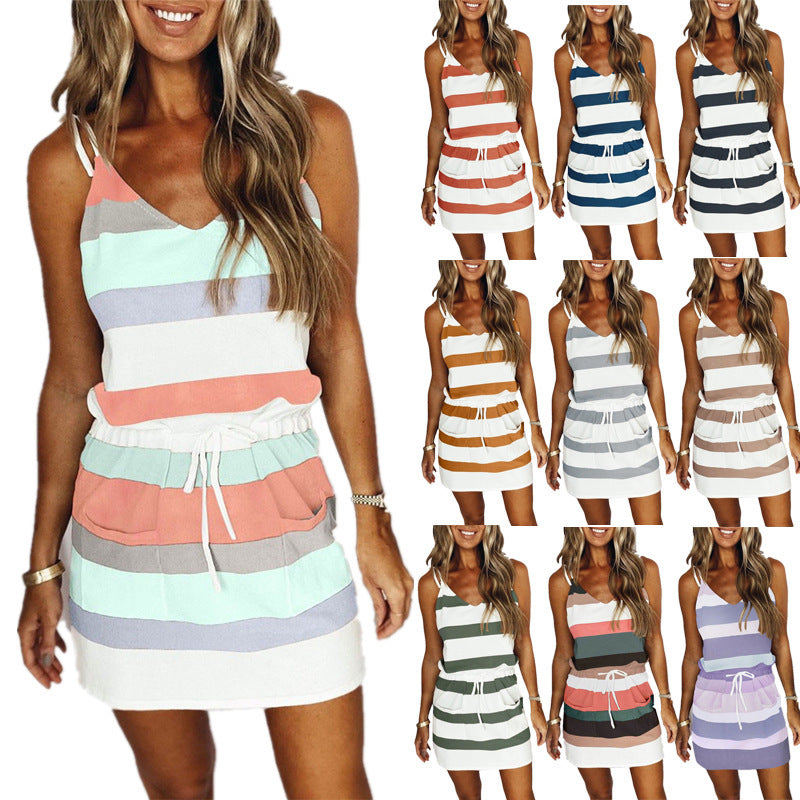 Summer Women Casual Color Blocking Loose Sleeveless Stripe Print Dress
