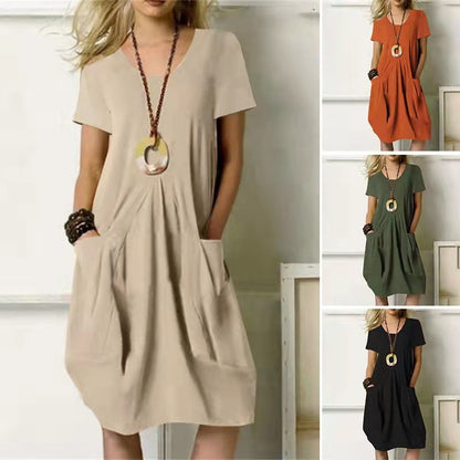 Casual Women Short Sleeve Solid Color Pocket Loose Dress