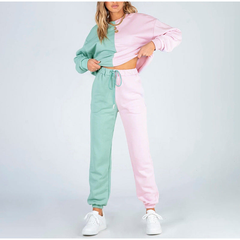 Conjunto de pantalones deportivos de cuello redondo con bloques de color informales a la moda para mujer