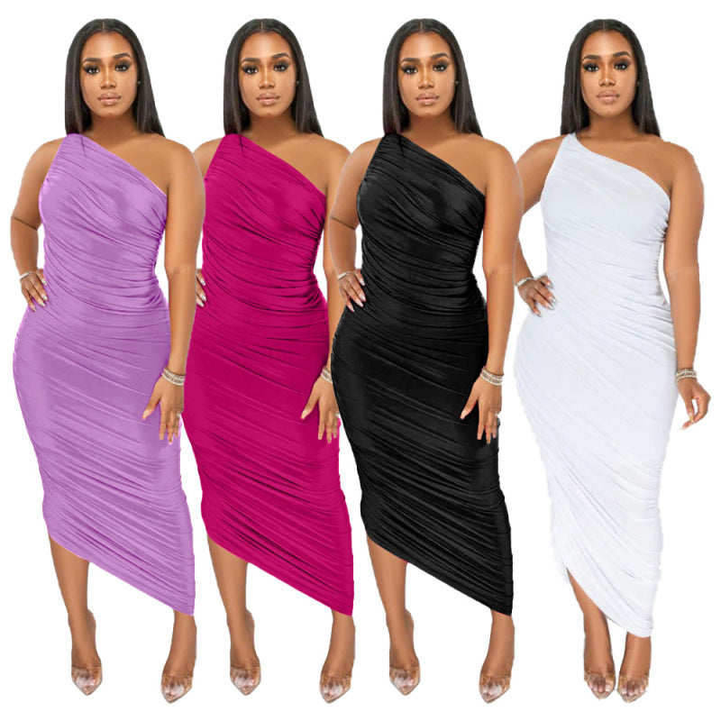 Women Solid Color Casual Sexy Oblique Shoulder Slim Irregular Creased Dress