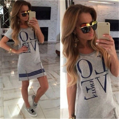 Women Casual Letter Print Fashion Round Neck Short Sleeves Zipper Loose Dress