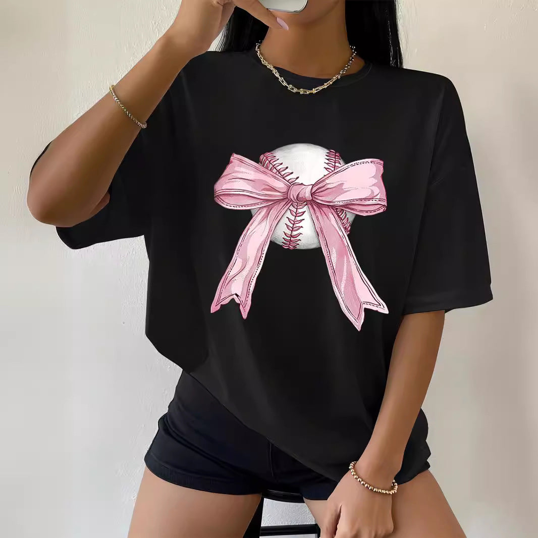 Camiseta informal de manga corta con cuello redondo y estampado para mujer