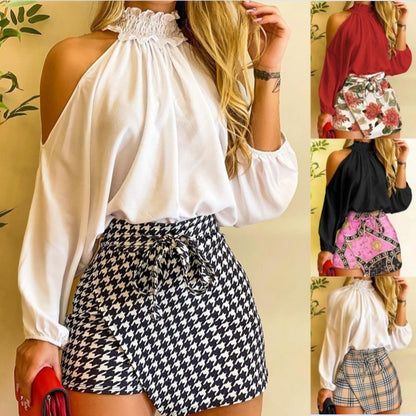Conjunto de dos piezas de falda con estampado floral de pata de gallo y top de manga larga con hombros descubiertos informal para mujer
