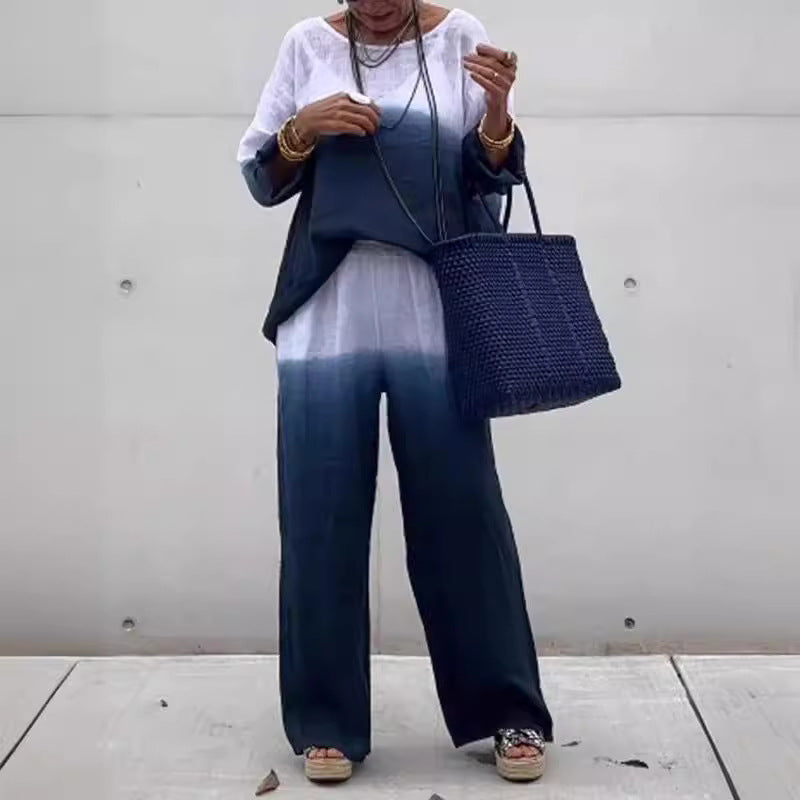 Conjunto de dos piezas de verano para mujer, informal, con degradado, manga larga, pantalones anchos y parte superior