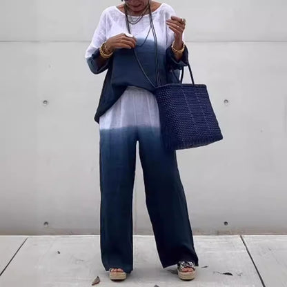 Conjunto de dos piezas de verano para mujer, informal, con degradado, manga larga, pantalones anchos y parte superior