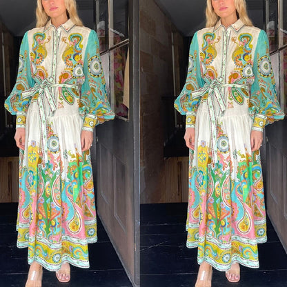 Summer Women Casual Graphic Printed Lapel Bubble Sleeve Lace-Up Dress