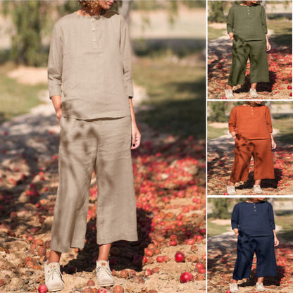 Conjunto de dos piezas con cuello redondo, botones y pantalones anchos de pierna ancha para mujer, talla grande