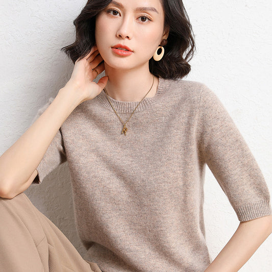 Spring And Summer Women Solid Color Casual Versatile Knitted Short-Sleeved Round Neck Knitwear Sweater