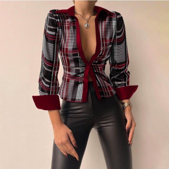 Blusa informal de manga larga con cuello en V y solapa para mujer