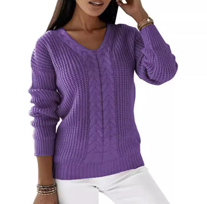Women Fashion Casual V-Neck Long Sleeve Solid Color Knitted Sweater