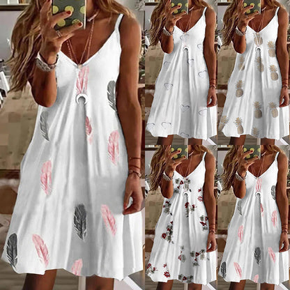 Women'S Casual V-Neck Loose Printed Sling Dress