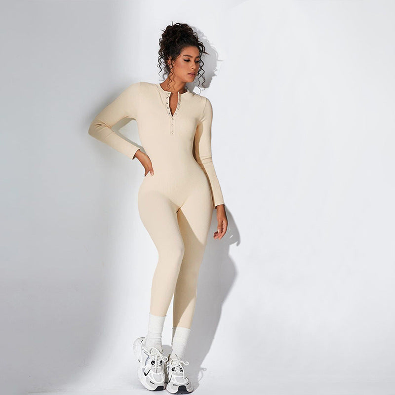 Women Fashion Casual Slim-Fit Solid Color Long Sleeve Round Neck Button Jumpsuit