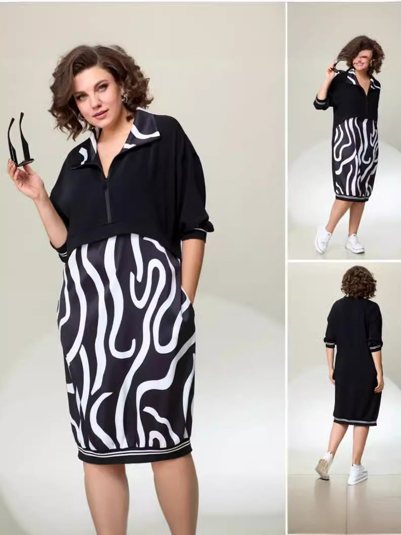 Vestido informal de manga larga con cremallera y estampado geométrico de talla grande para mujer
