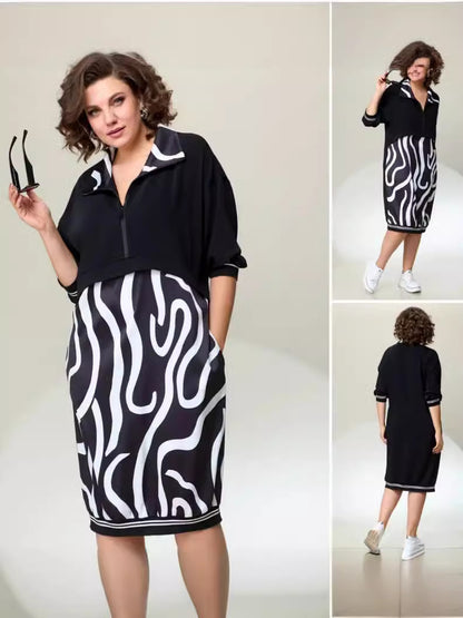Vestido informal de manga larga con cremallera y estampado geométrico de talla grande para mujer