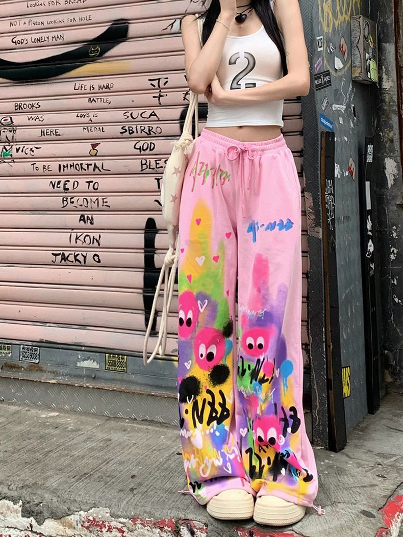 Pink Wide Leg Summer Loose High Waist Graffiti Casual Pants