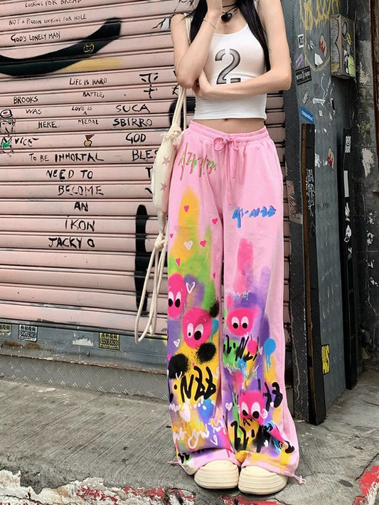 Pantalones casuales holgados de cintura alta con grafiti de verano, de pierna ancha y color rosa