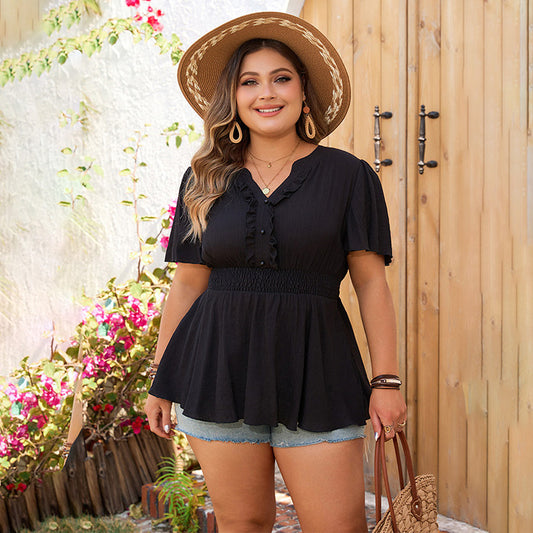 Blusa informal de manga corta con cuello en V y color liso para mujer, talla grande