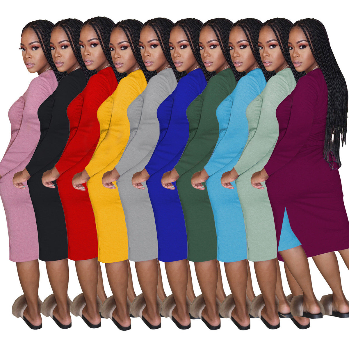 Classic Simple Casual Solid Color Long Sleeve Women Drawstring Dress