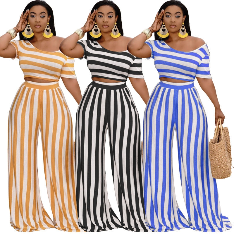 Conjunto de pantalones holgados de manga corta con estampado de rayas informales a la moda para mujer