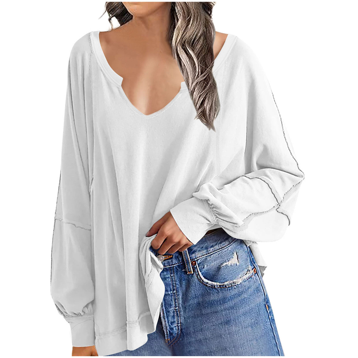 Camiseta informal holgada de manga larga con cuello en V y estampado irregular para mujer