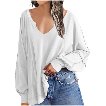 Camiseta informal holgada de manga larga con cuello en V y estampado irregular para mujer