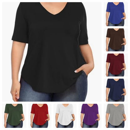 Summer Women Casual Plus Size Solid Color V-Neck Short-Sleeved T-Shirt