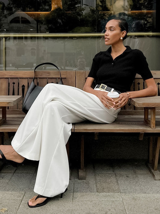 Pantalones casuales sueltos de cintura alta de color sólido a la moda para mujer