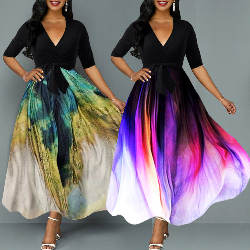 Women Fashion Casual Elegant V-Neck Printed Maxi Dress