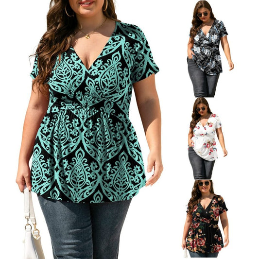 Blusa informal de verano con cuello en V y manga corta con estampado floral para mujer, talla grande