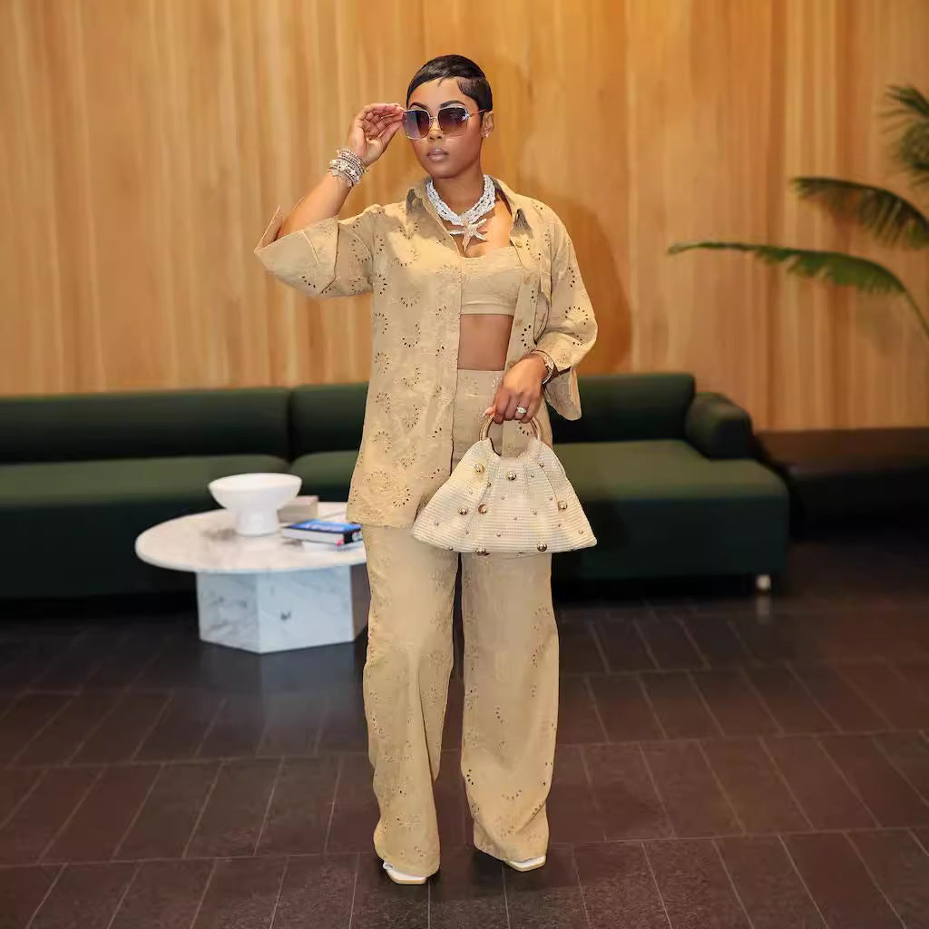 Conjunto de tres piezas de chaqueta y pantalones de manga larga con encaje calado y camisola informal a la moda para mujer