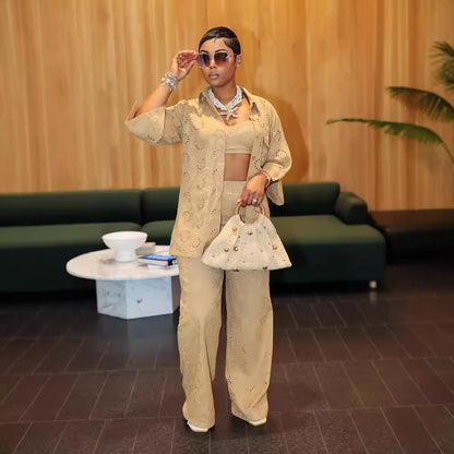 Conjunto de tres piezas de chaqueta y pantalones de manga larga con encaje calado y camisola informal a la moda para mujer