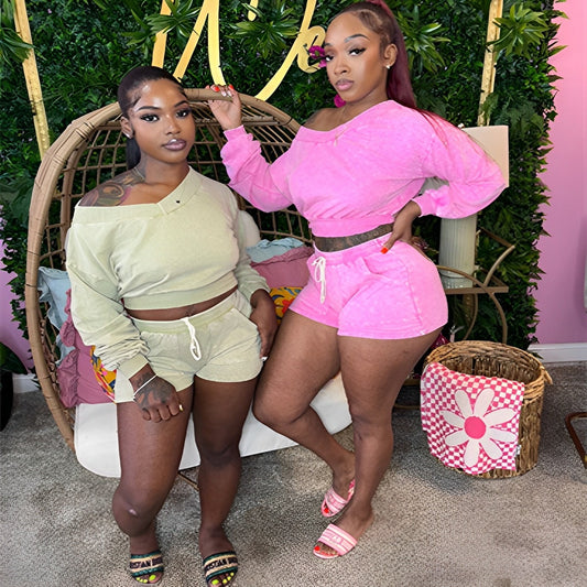 Conjunto de dos piezas de sudadera informal holgada de manga larga con tirantes y pantalones cortos para mujer