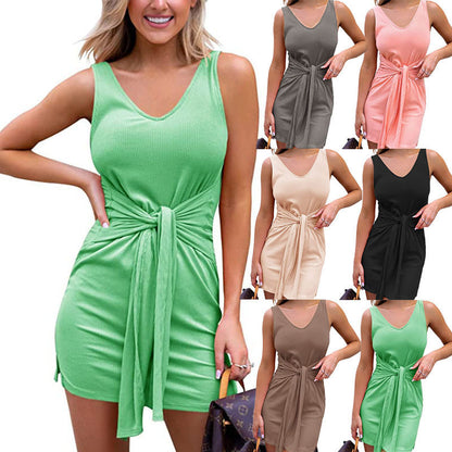 Summer Women Casual V-Neck Solid Color Sash Knotted Sleeveless Tank Dress